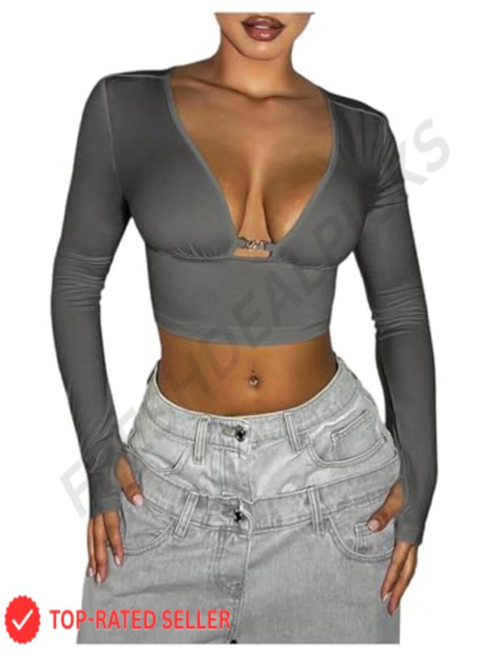 Women's Y2K Tie Backless Crop Top Cut Out Deep V Neck Long Sleeve Party Top